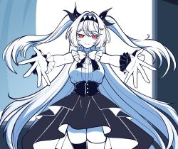 alternate_costume belt casual feet hair_ornament hair_ribbon lilith_(tneoyam) long_hair looking_away pale_skin red_eyes red_sky sitting tagme the_noexistencen_of_you_and_me twintails two_side_up white_hair white_skin
