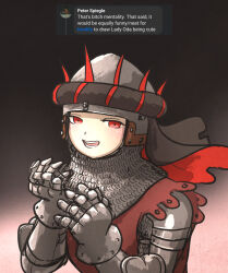  1girl :d bascinet borrowed_character coif couter gauntlets gradient_background ironlily lady_oda_the_pious_(gambargin) open_mouth original orle red_eyes red_surcoat smile surcoat vambraces 
