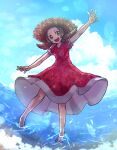  :d alternate_costume barefoot blue_sky brown_eyes brown_hair brown_headwear clouds cumulonimbus_cloud dress floral_print full_body hat highres kotobukkii_(yt_lvlv) looking_to_the_side lyra_(pokemon) partially_submerged pokemon pokemon_(game) pokemon_hgss red_dress short_sleeves sky smile sun_hat teeth twintails upper_teeth_only water 