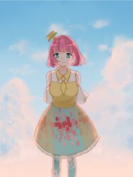 1girl arms_behind_back bare_shoulders blue_eyes blue_sky blunt_bangs bob_cut closed_mouth clouds collared_dress commentary detached_sleeves dot_nose dress english_commentary feet_out_of_frame frilled_dress frills glitch hair_ornament happy highres kamen_rider kamen_rider_ex-aid_(series) kirina_zero knees looking_at_viewer medium_dress necktie outdoors pink_hair pleated_sleeves poppi_pipopapo short_hair short_sleeves sky sleeveless sleeveless_dress smile solo standing straight-on sunset white_sleeves wind yellow_dress yellow_necktie