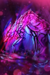  abstract from_side glowing glowing_eyes grass hyena lens_flare limited_palette looking_at_viewer no_humans original outdoors painterly paw_up pink_theme stained_glass still_life zandra 