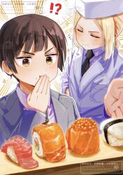  !? eating hand_over_own_mouth japan_(hetalia) poland_(hetalia) sparkle suit surprised sushi tied_hair yellow_eyes 