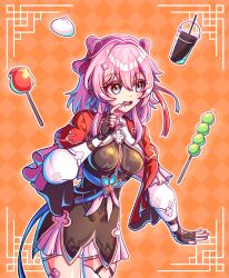  absurdres belt black_dress black_gloves bloomers blue_belt breasts checkered_background chinese_clothes commentary cookienim cowboy_shot cropped_jacket dress drooling earrings fingerless_gloves food garter_straps gloves high_belt highres honkai:_star_rail honkai_(series) jacket jewelry long_sleeves mandarin_collar march_7th_(honkai:_star_rail) march_7th_(hunt)_(honkai:_star_rail) medium_breasts medium_hair mouth_drool official_alternate_costume official_alternate_hairstyle open_mouth orange_background pink_hair puffy_sleeves red_jacket short_dress shuangyaji single_earring single_thighhigh thigh-highs underbust variant_set white_bloomers white_sleeves 