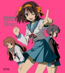  3girls ;d asahina_mikuru betti_(xx_betti) blue_sailor_collar blue_skirt brown_cardigan brown_eyes brown_hair cardigan hair_ribbon hairband highres kita_high_school_uniform long_hair long_sleeves looking_at_viewer multiple_girls nagato_yuki one_eye_closed open_mouth pink_background pleated_skirt purple_hair red_ribbon ribbon sailor_collar school_uniform serafuku shirt short_hair simple_background skirt smile standing suzumiya_haruhi suzumiya_haruhi_no_yuuutsu teeth thighs tongue upper_teeth_only white_shirt winter_uniform yellow_hairband yellow_ribbon 