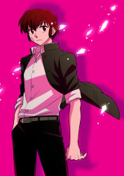  1girl bandaid bandaid_on_cheek bandaid_on_face belt belt_buckle black_hair black_jacket black_pants brown_belt buckle closed_mouth collared_shirt commentary cowboy_shot crossdressing crossdressing_(ftm) dress_shirt fujinami_ryuunosuke gakuran hand_in_pocket hayashiya_shizuru highres jacket looking_to_the_side pants pink_background red_eyes reverse_trap school_uniform shirt shirt_tucked_in short_hair simple_background sleeves_rolled_up solo standing tomboy urusei_yatsura white_shirt 