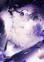  1girl absurdres ad_lunam_(shining_nikki) bare_legs crescent dress eyelashes floating floating_hair full_body grey_eyes hair_between_eyes high_heels highres horns light_particles long_hair nikki_(series) parted_lips pink_hair pleated_dress qianqianjie rain shining_nikki shoes short_dress shoulder_pads solo space star_(sky) strapless strapless_dress surprised train_(clothing) unicorn_horn very_long_hair water wavy_hair white_dress white_horns white_shoes wide-eyed winged_unicorn 