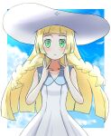  1girl blonde_hair blunt_bangs blush braid closed_mouth clouds cloudy_sky dress emapippi eyelashes green_eyes hands_on_own_face hat highres light_frown lillie_(pokemon) long_hair looking_at_viewer loose_hair_strand pokemon pokemon_(game) pokemon_sm sky sleeveless sleeveless_dress sun_hat twin_braids white_dress white_headwear 