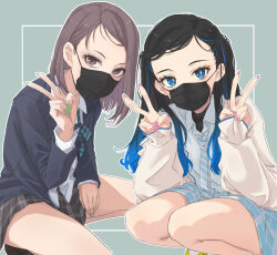  22/7 2girls black_hair blue_eyes blue_hair brown_eyes brown_hair double_v fingernails hiiragi_tsubomi jacket kurubushinenza long_fingernails long_hair looking_at_viewer mask mouth_mask multicolored_hair multiple_girls necktie nishiura_sora short_hair skirt squatting two-tone_hair v 