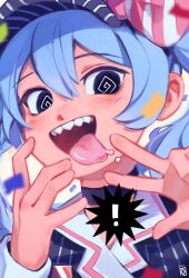  ! 1girl :d @_@ absurdres black_eyes blue_hair blurry choker close-up confetti depth_of_field double-parted_bangs finger_to_face hair_between_eyes hands_up hat hatsune_miku highres kirkeone lapels looking_at_viewer mesmerizer_(vocaloid) pinstripe_pattern portrait saliva sharp_teeth smile solo spoken_exclamation_mark teeth tongue tongue_out upper_teeth_only v vocaloid w 