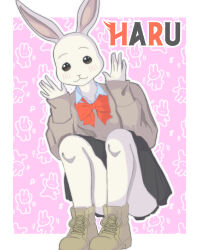  1girl :3 absurdres animal_ears animal_nose beastars black_skirt blush brown_shoes closed_mouth cynapse_404 furry furry_female haru_(beastars) highres humanization non-web_source pink_background rabbit_ears rabbit_girl shoes skirt solo 
