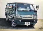  absurdres artist_name atelier_634 car dated green_car highres license_plate motor_vehicle original painting_(medium) reflection road shadow signature toyota toyota_hiace traditional_media vehicle_focus 