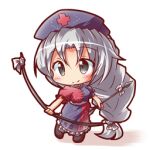 1girl \r\n arrow_(projectile) blue_dress bow bow_(weapon) braid chibi collared_dress commentary_request constellation_print cross dress grey_eyes grey_hair long_hair lowres petticoat red_cross red_dress ryogo single_braid smile solo touhou trigram two-tone_dress white_hair yagokoro_eirin