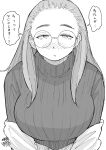  1girl absurdres blush breasts glasses greyscale hadashi_no_kenji hair_slicked_back highres large_breasts long_hair monochrome original ribbed_sweater simple_background solo sweater tearing_up white_background 