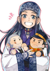  1girl asirpa black_hair blue_eyes character_doll doll eyelashes fingernails golden_kamuy grin headband highres japanese_clothes kyosuke long_hair looking_at_viewer outline pink_outline shiraishi_yoshitake simple_background smile solo sugimoto_saichi white_background wide_sleeves 