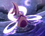  clouds cloudy_sky crescent_moon cresselia floating full_body glowing kotobukkii_(yt_lvlv) looking_at_viewer moon night night_sky no_humans outdoors own_hands_together pokemon pokemon_(creature) ripples sky star_(sky) violet_eyes water 
