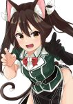  animal_ears bow bowtie brown_eyes brown_hair cat_ears cat_tail curled_fingers elbow_gloves fang gloves green_shirt hair_between_eyes hair_ribbon highres kantai_collection leaning_forward long_hair osmium-76 pelvic_curtain red_bow red_bowtie ribbon shirt side_slit simple_background single_elbow_glove tail tone_(kancolle) tone_kai_ni_(kancolle) twintails white_background white_ribbon 