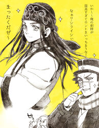  &gt;_o 1girl 2boys asirpa blush closed_mouth double_finger_gun earrings eyelashes finger_gun golden_kamuy greyscale_with_colored_background hat headband highres hoop_earrings japanese_clothes jewelry kyosuke multiple_boys one_eye_closed scar scar_on_face shiraishi_yoshitake simple_background sparkle sugimoto_saichi translation_request yellow_background 