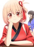  2girls ama_(ama_ekaku) arm_rest arms_on_table black_hair blonde_hair blue_kimono blush bob_cut closed_mouth commentary_request elbow_rest hair_ribbon head_rest highres inoue_takina japanese_clothes kimono long_hair looking_at_viewer lycoris_recoil multiple_girls nishikigi_chisato red_eyes red_kimono red_ribbon ribbon short_hair simple_background smile split_mouth upper_body violet_eyes white_background 