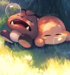  artist_name blush blush_stickers closed_eyes crossover day fangs goomba grass highres kirby_(series) lying no_humans nose_bubble on_grass on_stomach open_mouth outdoors shade sleeping sleeping_upright super_mario_bros. suyasuyabi tree tree_shade twitter_username v-shaped_eyebrows waddle_dee 