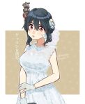  1girl alternate_costume black_hair blush breasts dress flower gloves hair_between_eyes hair_flower hair_ornament headgear jewelry kantai_collection large_breasts red_eyes ring sagamiso short_hair signature simple_background solo wedding_ring white_dress white_flower white_gloves yamashiro_(kancolle) 