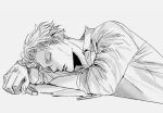  1boy closed_eyes collared_shirt jujutsu_kaisen long_sleeves male_focus monochrome nanami_kento parted_lips shirt sleeping solo starsk_12 upper_body 