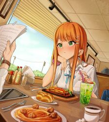  1girl 2others absurdres animal_print blue_ribbon blue_sky blush bottle breast_pocket bush butter_knife cabbage_(chlehd2239) ceiling closed_mouth coffee collared_shirt commentary_request croissant cup day drink dutch_angle elbow_on_table elbow_rest fingernails food fork gakuen_idolmaster glass green_eyes gyaru hair_ornament hair_over_shoulder hairclip hand_on_own_chin hand_up highres holding holding_paper idolmaster indoors jewelry knife kogal leopard_print long_hair long_sidelocks looking_at_another meatball multiple_others napkin napkin_holder neck_ribbon nose_blush orange_hair paper pasta plate pocket power_lines print_scrunchie restaurant ribbon ring salt_shaker school_uniform scrunchie shirt shiun_sumika sidelocks sitting sky slice_of_life solo_focus spaghetti spaghetti_and_meatballs spoon sugar_cube table tablet_pc teacup tile_ceiling tiles utility_pole white_shirt window window_blinds wing_collar wrist_scrunchie 