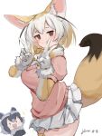  2girls absurdres animal_ears blonde_hair blush bow bowtie brown_eyes common_raccoon_(kemono_friends) elbow_gloves extra_ears fennec_(kemono_friends) fox_ears fox_girl fox_tail fur_collar fur_trim gloves grey_hair highres kemono_friends multicolored_hair multiple_girls noor7 pink_sweater pleated_skirt puffy_short_sleeves puffy_sleeves raccoon_ears raccoon_girl short_hair short_sleeves skirt sweater tail thigh-highs two-tone_gloves two-tone_hair v white_gloves white_hair white_skirt yellow_bow yellow_bowtie yellow_gloves yellow_thighhighs zettai_ryouiki 