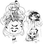  3girls ^_^ bow bubble_skirt buttons closed_eyes closed_mouth detached_sleeves expressionless fox_mask frog frog_hair_ornament gohei hair_ornament hair_tubes hat hata_no_kokoro highres jacket kochiya_sanae kuuinusuki light_smile long_hair long_sleeves mask monochrome multiple_girls nontraditional_miko open_mouth plaid plaid_shirt pom_pom_(clothes) shameimaru_aya shirt short_hair skirt snake snake_hair_ornament tokin_hat touhou 