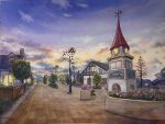  bare_tree building chimney clock clock_tower clouds cloudy_sky day highres house lamp ooy33151086 original painting_(medium) plant potted_plant road scenery sky street tower traditional_media tree watercolor_(medium) window 