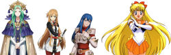 4girls a-1_pictures aino_minako ascii_media_works asuna_(sao) auburn_hair bishoujo_senshi_sailor_moon blonde_hair blue_eyes blue_hair brown_eyes caeda_(fire_emblem) cherami_leigh crossover dengeki_bunko fire_emblem fire_emblem:_mystery_of_the_emblem fire_emblem:_shadow_dragon fire_emblem:_three_houses fire_emblem_heroes fire_emblem_warriors green_eyes green_hair intelligent_systems multiple_girls nintendo rhea_(fire_emblem) sailor_venus shueisha toei_animation voice_actor_connection yuuki_asuna
