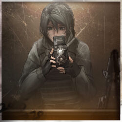 1girl absurdres ayou_(aukuamani) black_gloves black_hair blue_eyes bulletproof_vest camera fingerless_gloves gloves grey_jacket gun hands_up highres holding holding_camera jacket long_sleeves looking_at_viewer medium_hair military military_combat_uniform military_uniform mirror_selfie original selfie short_hair tactical_clothes weapon 