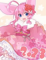  1girl 2023 ahoge animal_ears blue_eyes emil_chronicle_online flower frilled_skirt frills furisode hair_bun hair_flower hair_ornament highres japanese_clothes kimono minnie_doe_alma open_mouth rabbit_ears rabbit_girl skirt yusa_yuyu 