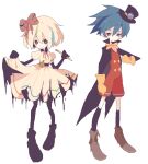  1boy 1girl blue_hair bow bowtie brown_eyes brown_footwear clothes_lift dress full_body gloves hair_bow hat holding holding_pencil kendy_(revolocities) pencil pixel_art short_hair skirt skirt_lift smile standing top_hat yellow_bow yellow_bowtie yellow_gloves 