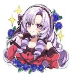  1girl black_gloves blue_flower blue_rose blush dress drill_hair flower gloves headband hyakumantenbara_salome hyakumantenbara_salome_(1st_costume) long_hair nijisanji off-shoulder_dress off_shoulder purple_hair rose ruu_hh smile solo sparkle violet_eyes virtual_youtuber 