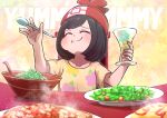  black_hair blush bowl closed_eyes closed_mouth cup drinking_glass eating food food_in_mouth food_request holding holding_cup holding_spoon kotobukkii_(yt_lvlv) plate pokemon pokemon_(game) pokemon_sm salad selene_(pokemon) shirt short_hair spoon 