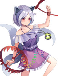  1girl absurdres animal_ears bare_shoulders bear_trap blush feet_out_of_frame frilled_skirt frills gem green_gemstone grey_hair highres jewelry koizumo mitsugashira_enoko multiple_tails necklace purple_shirt purple_skirt red_eyes see-through_clothes see-through_sleeves shirt simple_background skirt smile solo tail touhou white_background wolf_ears wolf_tail 