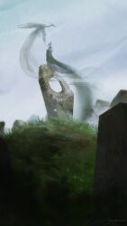  1other bird clouds cloudy_sky fading grass hill looking_at_animal original painterly rock sky standing tiara very_long_tail zandra 