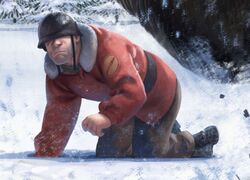  1boy all_fours beard_stubble black_footwear draw_your_babygirl_(meme) full_body hat_over_eyes helmet honeyginsen jacket long_sleeves looking_at_viewer male_focus meme snowing soldier_(tf2) solo team_fortress_2 winter_uniform 