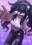 1girl :d @_@ ahoge alternate_costume alternate_hairstyle belt blue_pants cowboy_shot dusk_ball ghost_hair_ornament hair_between_eyes hairband hex_maniac_(pokemon) highres kotobukkii_(yt_lvlv) long_hair looking_at_viewer open_mouth outstretched_hand pants poke_ball pokemon pokemon_(game) pokemon_xy purple_hair purple_hairband shirt smile twintails very_long_hair violet_eyes 