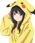  1girl alternate_costume ama_(ama_ekaku) black_hair blush closed_mouth commentary_request dot_mouth dot_nose hand_up highres hood hood_up hoodie inoue_takina long_sleeves looking_at_viewer lycoris_recoil partial_commentary pikachu pikachu_costume pokemon sidelocks simple_background solo upper_body violet_eyes white_background yellow_hoodie 