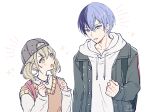  1boy 1girl aoyagi_touya azusawa_kohane baseball_cap black_headwear blue_hair brown_eyes buttons chizu_(fiute) clenched_hand clenched_hands commentary_request dark_blue_hair drawstring eye_contact grey_eyes grey_hoodie hands_up hat hood hood_down hoodie jacket jacket_over_hoodie jewelry light_brown_hair long_sleeves looking_at_another mole mole_under_eye multicolored_hair necklace notice_lines open_clothes open_jacket project_sekai short_hair short_twintails sparkle split-color_hair star_(symbol) twintails two-tone_hair upper_body vest 