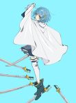  1girl blue_background blue_eyes blue_footwear blue_hair blue_skirt cape cape_lift expressionless head_tilt highres hyamoo looking_at_viewer mahou_shoujo_madoka_magica miki_sayaka short_hair skirt solo sword thigh-highs weapon white_cape white_thighhighs 