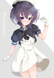  1girl black_hair black_neckerchief blue_sailor_collar blush cosplay dress gloves grey_background hat highres jervis_(kancolle) jervis_(kancolle)_(cosplay) kantai_collection looking_at_viewer nakatsurugi_(kasegawa_makase) neckerchief sailor_collar sailor_dress sailor_hat short_hair short_hair_with_long_locks short_sleeves smile solo tokitsukaze_(kancolle) twitter_username violet_eyes white_dress white_gloves white_hat 