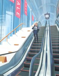  1girl absurdres animal_ears black_gloves blonde_hair blue_archive blue_halo closed_eyes dog_ears dog_girl escalator extra_ears gloves hair_over_one_eye halo highres indoors jacket kanna_(blue_archive) long_hair losk necktie open_mouth pantyhose pencil_skirt sharp_teeth skirt solo teeth yawning 