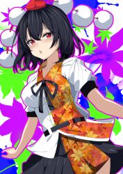  1girl a-pose belt black_belt black_hair black_ribbon black_skirt blush breasts chestnut_mouth collared_shirt commentary_request cowboy_shot eyelashes hair_between_eyes hat highres impossible_clothes kitaura_kasumi large_breasts leaf_print looking_at_viewer maple_leaf_print medium_hair miniskirt open_mouth orange_shirt outline pleated_skirt pom_pom_(clothes) print_shirt purple_outline red_eyes red_hair ribbon shameimaru_aya shirt short_sleeves simple_background skirt solo straight_hair tokin_hat touhou two-tone_shirt white_shirt 
