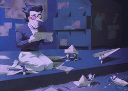  6+boys black_hair canoe colored_skin commentary deltarune doll_joints dumpster english_commentary eyes_visible_through_eyewear hei3355 heterochromatic_eyewear highres holding holding_paper joints long_nose male_focus multiple_boys outdoors paper paper_airplane paper_boat paper_hat pointy_nose poster_(object) round_eyewear seiza short_hair sitting spamton_g._spamton teeth tinted_eyewear water white_skin 
