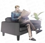  1boy blonde_hair blue_shirt brown_footwear collared_shirt couch full_body grey_pants highres holding holding_newspaper jujutsu_kaisen long_sleeves male_focus nanami_kento newspaper off_u pants plant shirt short_hair sitting slippers solo 