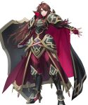  1girl alternate_costume arm_guards armor armored_boots armored_dress boots breastplate brown_eyes brown_hair cape dai-xt faulds feather_trim fingerless_gloves fire_emblem fire_emblem:_mystery_of_the_emblem fire_emblem_heroes gloves gold_trim high_heels highres leggings long_hair long_sleeves non-web_source official_alternate_costume official_art sheena_(fire_emblem) shoulder_armor solo standing transparent_background turtleneck 