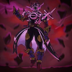 1boy armor armored_bodysuit black_armor black_skirt blurry blurry_background debris evol_blackhole evol_driver evol_trigger full_body helmet highres kamen_rider kamen_rider_build_(series) kamen_rider_evol midair red_background rider_belt skirt solo tokusatsu wani_trt