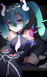  1girl aqua_hair bare_shoulders black_thighhighs detached_sleeves ghost ghost_miku_(project_voltage) glitch grey_shirt hair_between_eyes hatsune_miku highres long_hair looking_at_viewer necktie pokemon project_voltage riririnn-s shirt skirt sleeves_past_fingers sleeves_past_wrists thigh-highs twintails very_long_hair vocaloid will-o&#039;-the-wisp_(mythology) yellow_eyes 